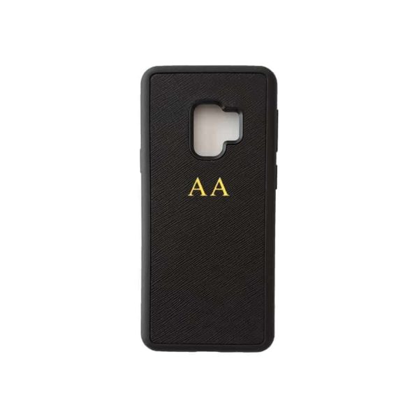 Galaxy S9 Black Case Saffiano Leather Phone Cover Personalised with Monogram