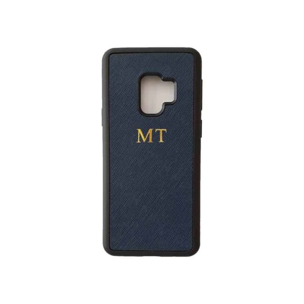 Galaxy S9 Navy Case Saffiano Leather Phone Cover Personalised with Monogram