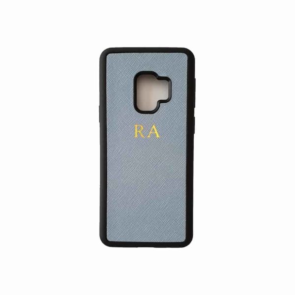 Galaxy S9 Pastel Blue Case Saffiano Leather Phone Cover Personalised with Monogram