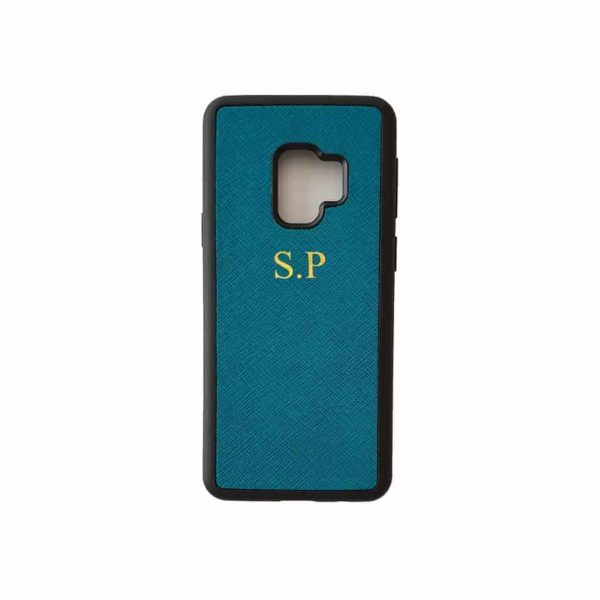 Galaxy S9 Turquoise Case Saffiano Leather Phone Cover Personalised with Monogram