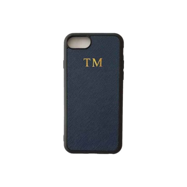 iPhone 6 7 8 Navy Case Saffiano Leather Phone Cover Personalised with Monogram