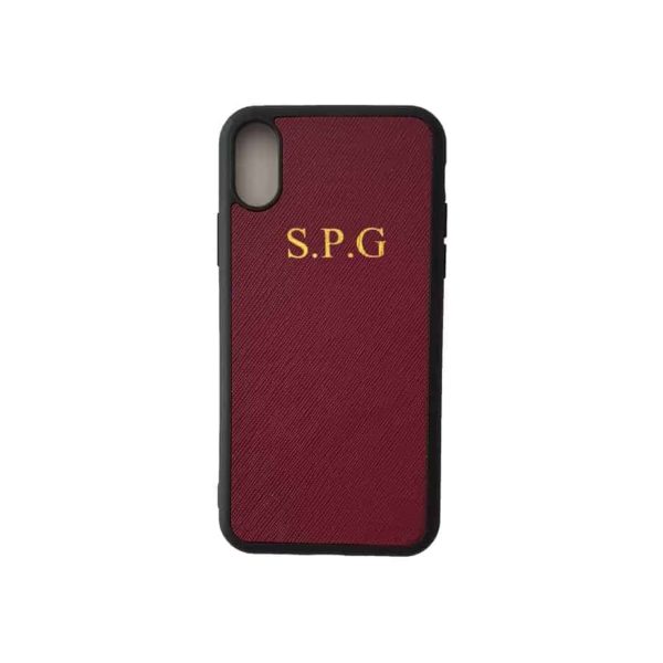 iPhone X Burgundy Case Saffiano Leather Phone Cover Personalised with Monogram
