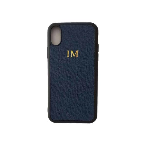 iPhone X Navy Case Saffiano Leather Phone Cover Personalised with Monogram