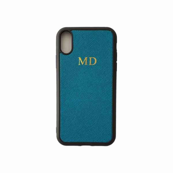 iPhone X Turquoise Case Saffiano Leather Phone Cover Personalised with Monogram