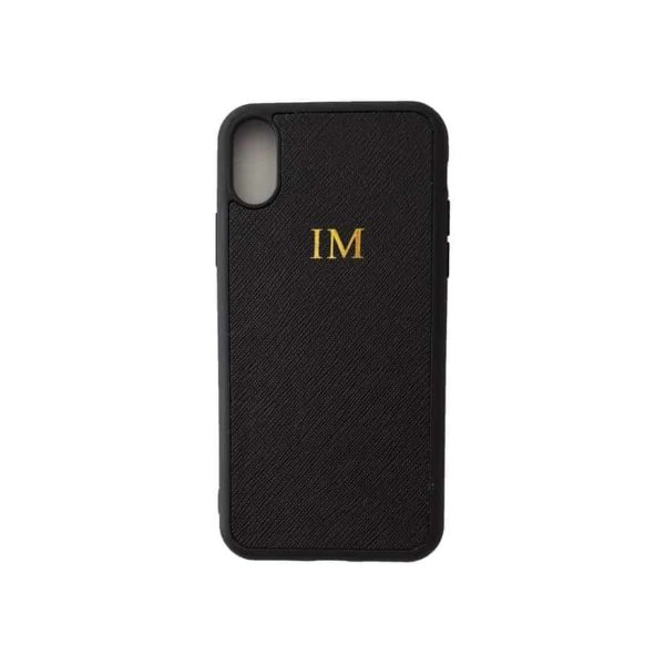 iPhone XR Black Case Saffiano Leather Phone Cover Personalised with Monogram