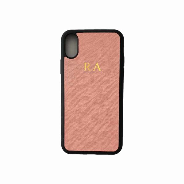iPhone XR Blush Case Saffiano Leather Phone Cover Personalised with Monogram