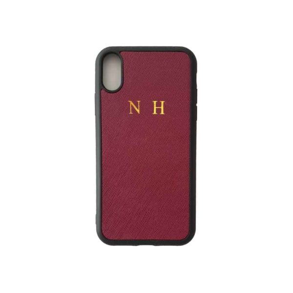 iPhone XR Burgundy Case Saffiano Leather Phone Cover Personalised with Monogram