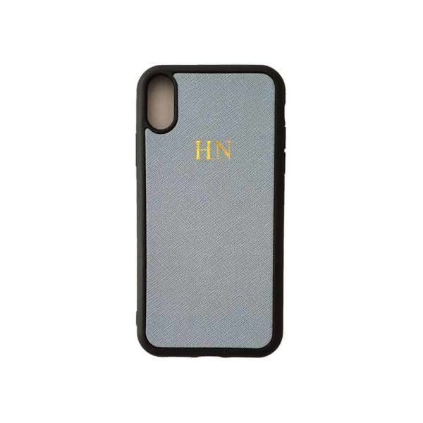 iPhone XR Pastel Blue Case Saffiano Leather Phone Cover Personalised with Monogram