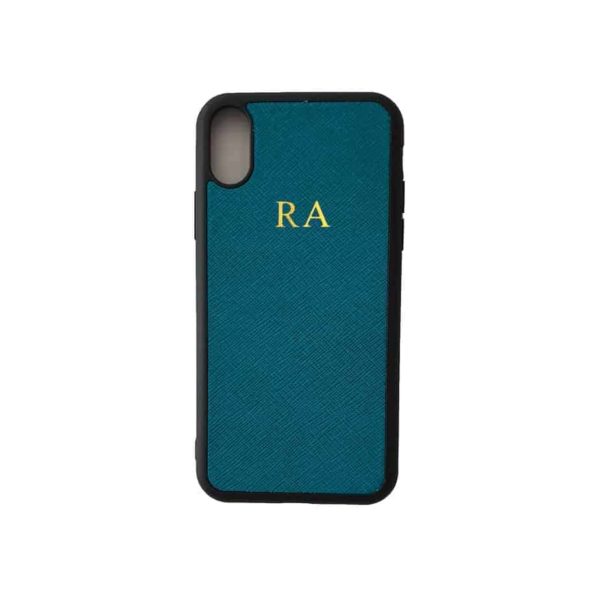 iPhone XR Turquoise Case Saffiano Leather Phone Cover Personalised with Monogram