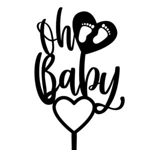 OH BABY cake topper with lover heart and foot prints in black acrylic