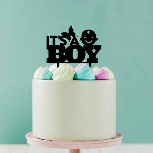 it's a boy cake topper in black acrylic on Peach roses and lavender cake