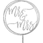 Mr & Mrs Cake Topper - Round Silver Glitter Acrylic with stake