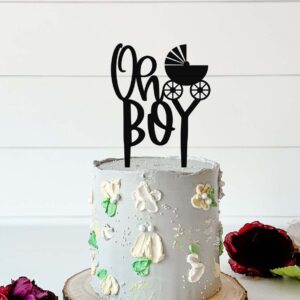 oh boy cake topper with pram in black acrylic. On a Pastel Grey Colour Cake.