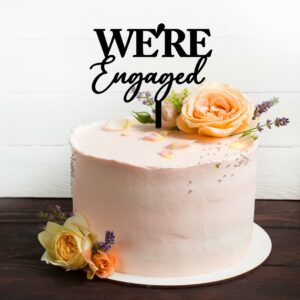 We're engaged cake topper in black acrylic on a blush pink 1 tier cake with flowers