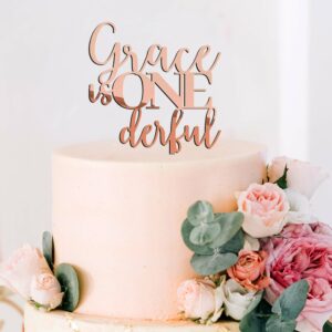 Name is onederful cake topper in rose gold acrylic - pastel blush pink cake