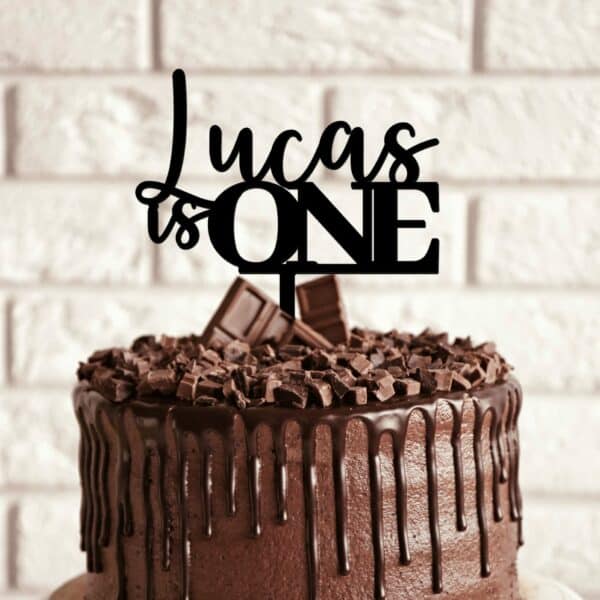 name is one cake topper in black acrylic - chocolate mud cake