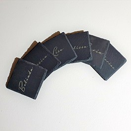 Personalised Coasters with Laser-Engraved Names, Set of 6 Square Slate, Displayed on a Light Background.
